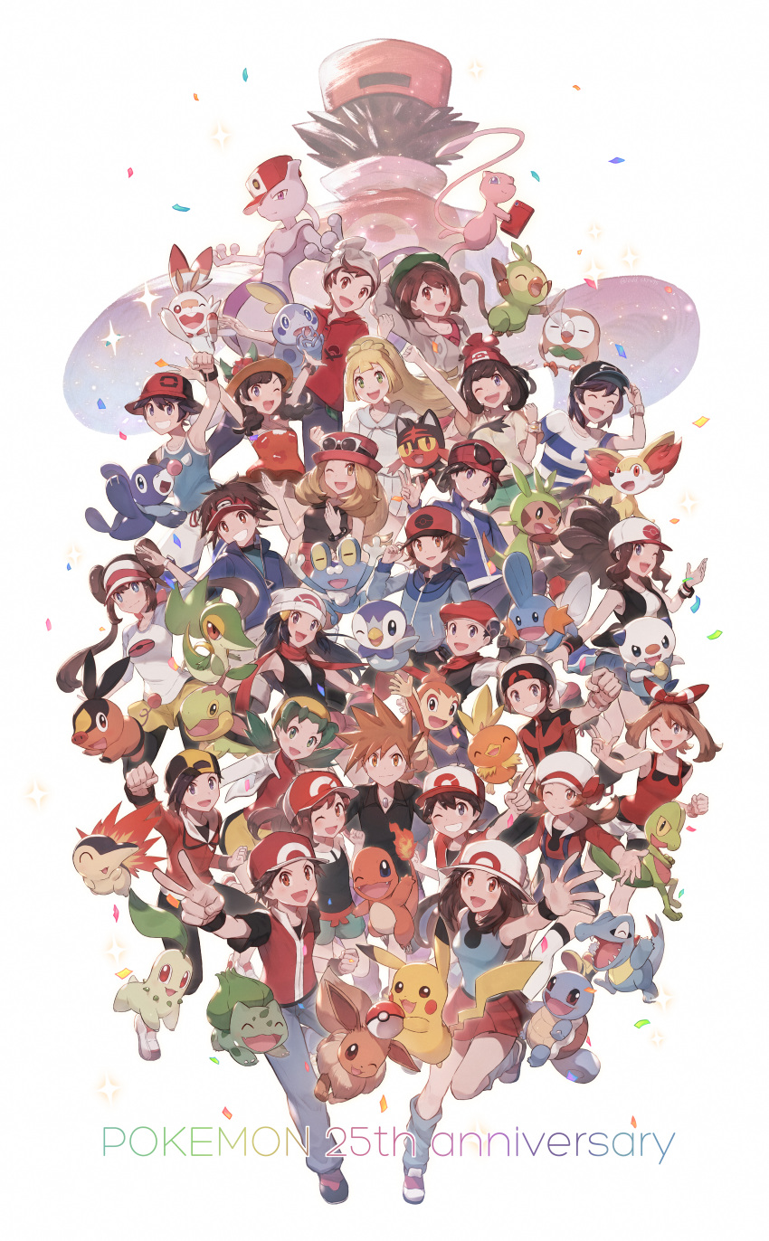 6+boys 6+girls :d ;d absurdres anniversary arm_up backwards_hat baseball_cap beanie black_shirt blonde_hair blue_oak blue_shirt bow_hairband bracelet brendan_(pokemon) brown_hair bulbasaur calem_(pokemon) cardigan charmander chase_(pokemon) chespin chikorita chimchar clenched_hand closed_eyes closed_mouth commentary_request confetti copyright_name cyndaquil dawn_(pokemon) double_bun eevee elaine_(pokemon) elio_(pokemon) ethan_(pokemon) fennekin flame-tipped_tail froakie gloria_(pokemon) green_eyes green_hair green_headwear grey_cardigan grey_headwear grin grookey hair_bun hair_ornament hairband hairclip hand_on_headwear hat hat_ribbon highres hilbert_(pokemon) hilda_(pokemon) jewelry kris_(pokemon) leaf_(pokemon) leg_warmers lillie_(pokemon) litten long_hair looking_at_viewer lucas_(pokemon) lyra_(pokemon) may_(pokemon) mew_(pokemon) mewtwo mudkip multiple_boys multiple_girls nate_(pokemon) necklace odd_(hin_yari) one_eye_closed open_mouth orange_shirt oshawott pants pantyhose pikachu piplup pleated_skirt pokemon pokemon_(creature) pokemon_bw pokemon_bw2 pokemon_dppt pokemon_frlg pokemon_gsc pokemon_hgss pokemon_lgpe pokemon_oras pokemon_rgby pokemon_sm pokemon_swsh pokemon_usum pokemon_xy ponytail popplio raglan_sleeves red_(pokemon) red_hairband red_headwear red_scarf red_shirt red_skirt ribbon rosa_(pokemon) rowlet scarf scorbunny selene_(pokemon) serena_(pokemon) shirt shoes short_sleeves shorts sidelocks skirt sleeveless sleeveless_shirt smile snivy sobble spiked_hair squirtle tam_o'_shanter tepig torchic totodile treecko turtwig twintails v victor_(pokemon) visor_cap w white_background white_headwear wristband yellow_shorts