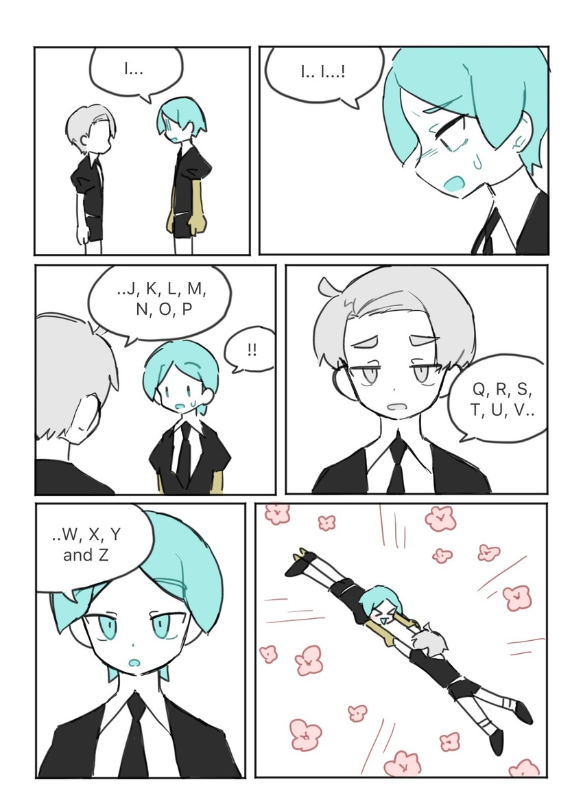 2others androgynous aqua_eyes aqua_hair black_necktie cairngorm_(houseki_no_kuni) crystal_hair cutbu's_alphabet_comic_(meme) english_text gem_uniform_(houseki_no_kuni) golden_arms grey_eyes grey_hair highres holding_hands houseki_no_kuni maitete_e meme multiple_others necktie other_focus phosphophyllite puffy_sleeves short_hair short_sleeves