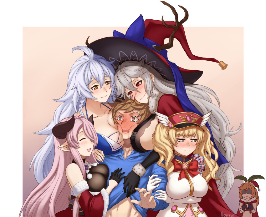 1boy 5girls @_@ ahoge archer_(nocternam) bikini bikini_top_only black_gloves blonde_hair blush bow braid breast_envy breast_smother breasts brown_eyes brown_hair clarisse_(granblue_fantasy) clothes_lift draph dress face_to_breasts full-face_blush gloves gran_(granblue_fantasy) granblue_fantasy grey_hair hat highres horns large_breasts magisa_(granblue_fantasy) magisa_(holiday)_(grandblue_fantasy) monika_weisswind multiple_girls narmaya_(granblue_fantasy) pink_hair pointy_ears red_eyes santa_dress santa_hat shaded_face shirt_lift signature silva_(granblue_fantasy) smile straight swimsuit twintails white_gloves white_hair witch_hat