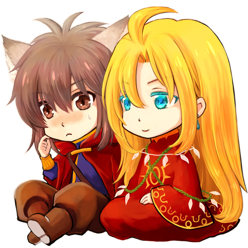 2boys ahat_(ragnarok_online) ahoge animal_ear_fluff animal_ears blonde_hair blue_eyes blue_shirt boots brown_eyes brown_footwear brown_hair brown_pants cat_boy cat_ears cheshire_(ragnarok_online) chibi cloak closed_eyes closed_mouth earrings full_body hair_between_eyes highres jewelry long_hair looking_afar looking_at_viewer male_focus manoji medium_hair multiple_boys pants ragnarok_online red_cloak red_robe robe shirt simple_background sitting smile white_background