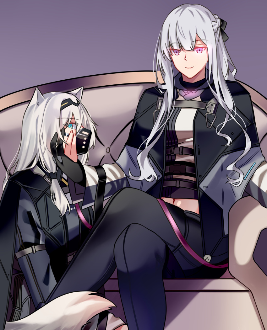 2girls absurdres ak-12_(girls'_frontline) an-94_(girls'_frontline) animal_ears blue_eyes braid closed_mouth crossed_legs french_braid girls'_frontline gloves grey_hair hairband highres jacket long_hair long_sleeves looking_at_viewer multiple_girls muzzle navel pants partially_fingerless_gloves purple_eyes simple_background sitting smile tail unusually_open_eyes yuutama2804