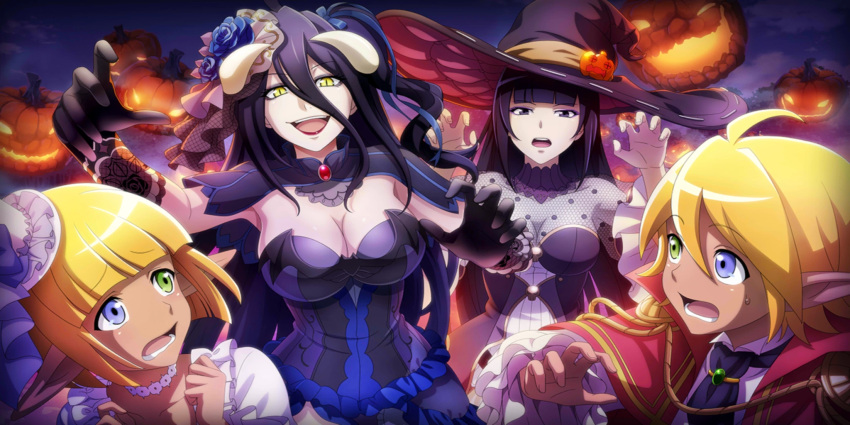 1boy 3girls albedo_(overlord) aura_bella_fiora black_eyes black_hair blonde_hair blue_eyes breasts cleavage costume flower green_eyes hair_between_eyes hair_flower hair_ornament halloween halloween_costume hat heterochromia highres horns jack-o'-lantern large_breasts long_hair mare_bello_fiore multiple_girls narberal_gamma official_art open_mouth overlord_(maruyama) pointy_ears short_hair third-party_source witch_hat yellow_eyes