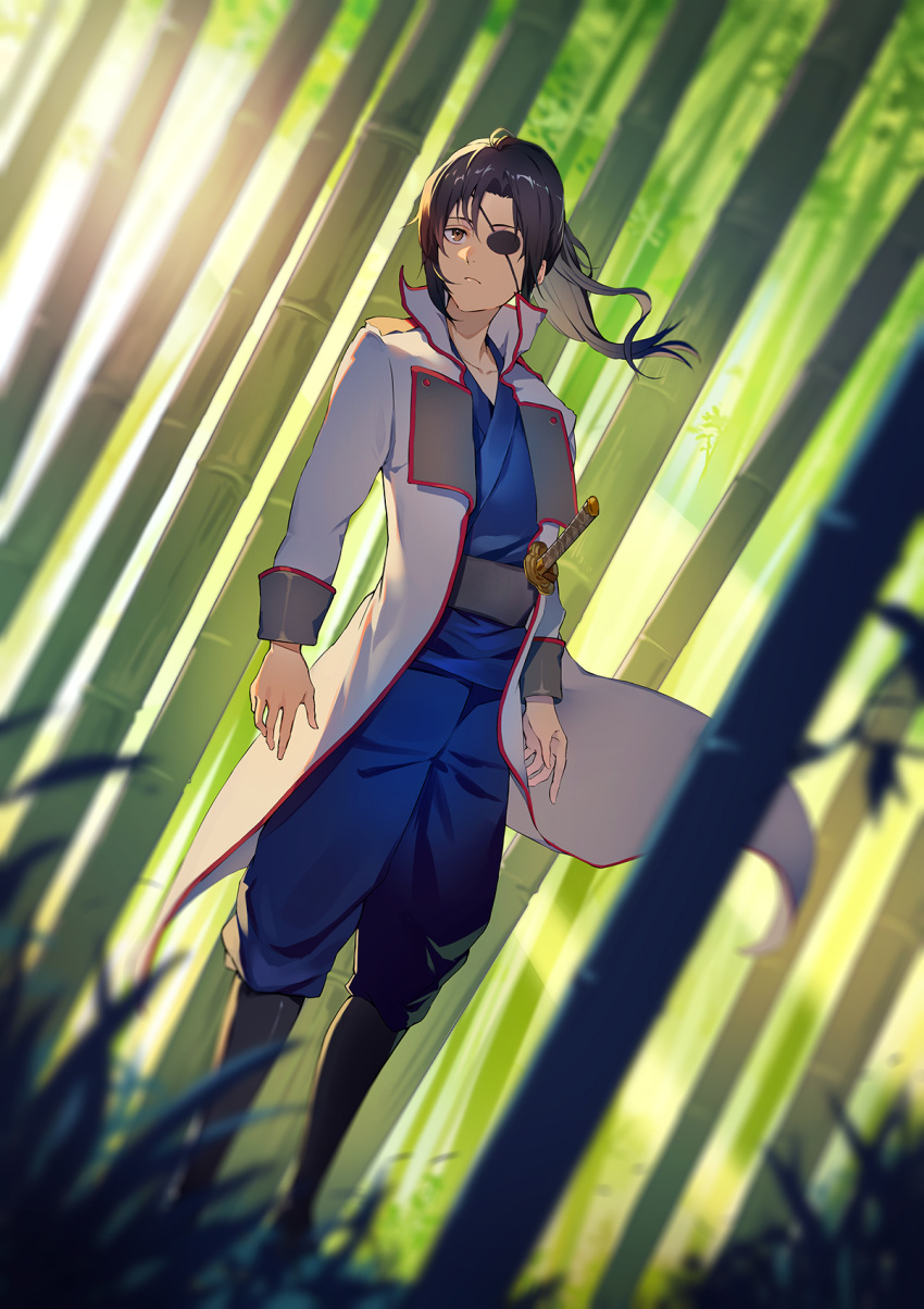 androgynous bamboo bamboo_forest black_hair blue_kimono blue_pants blurry blurry_foreground brown_eyes closed_mouth coat collarbone dutch_angle eyepatch female floating_hair forest frown full_body gintama highres ibaraki_shun japanese_clothes kimono long_hair long_sleeves nature open_clothes open_coat pants ponytail solo standing white_coat yagyuu_kyuubei