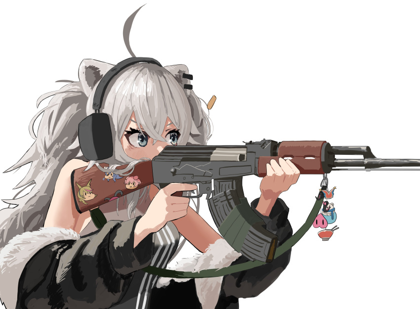 absurdres ahoge aiming ak-47 animal_ear_fluff animal_ears assault_rifle bad_id bad_twitter_id black_jacket daifuku_(yukihana_lamy) eyebrows_hidden_by_hair female fur_trim grey_eyes grey_hair gun headset highres holding holding_gun holding_weapon holofive hololive jaaku_taro jacket kalashnikov_rifle lion_ears long_hair mano_aloe momosuzu_nene off_shoulder omaru_polka rifle shishiro_botan shishiro_botan_(1st_costume) solo sticker two_side_up virtual_youtuber weapon white_background yukihana_lamy