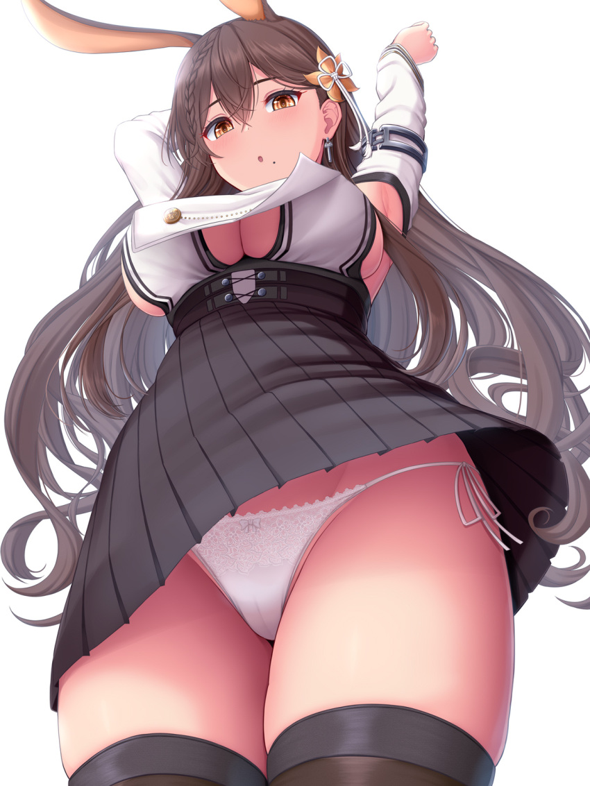 animal_ears armpits arms_up ass azur_lane black_thighhighs blush braid breast_curtain breasts brown_eyes brown_hair chikuma_(azur_lane) cleavage clothes_lift collar female hair_ornament high-waist_skirt highres large_breasts long_hair long_sleeves looking_at_viewer melopun mole mole_under_mouth necktie open_mouth panties rabbit_ears side-tie_panties sideboob skirt solo thighhighs thighs underwear upskirt