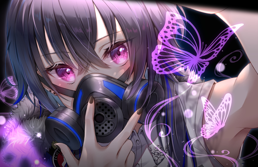 arm_up armpits black_background black_hair black_nails blue_hair blush bug butterfly collared_shirt commentary_request female fingernails highres ichinose_uruha ichinose_uruha_(4th_costume) long_fingernails long_hair looking_at_viewer lupinus_virtual_games mask multicolored_hair purple_eyes respirator shirt simple_background sleeveless sleeveless_shirt solo streaked_hair toki_(toki_ship8) two-tone_hair upper_body virtual_youtuber vspo! white_shirt