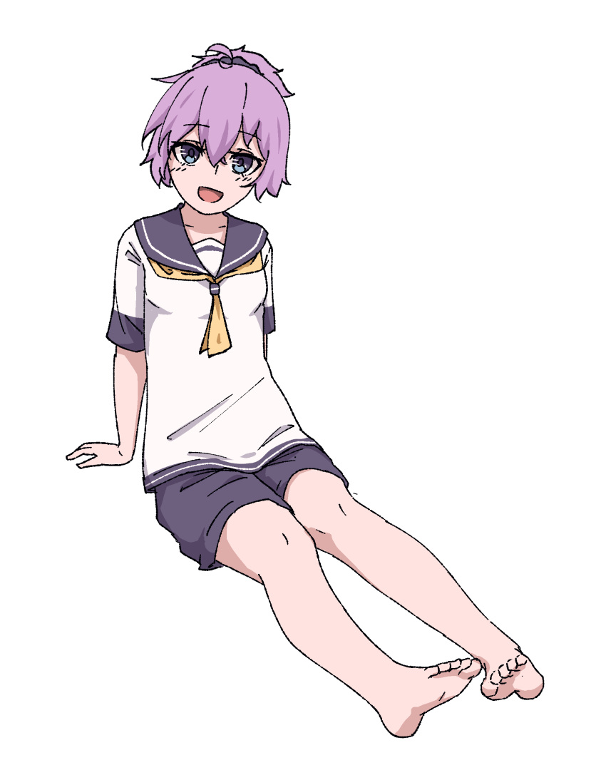 absurdres aoba_(kancolle) arm_support barefoot blue_eyes female highres ikadamo kantai_collection looking_at_viewer neckerchief ponytail purple_hair purple_sailor_collar purple_shorts sailor_collar sailor_shirt school_uniform scrunchie shirt shorts simple_background sitting smile solo white_background yellow_neckerchief