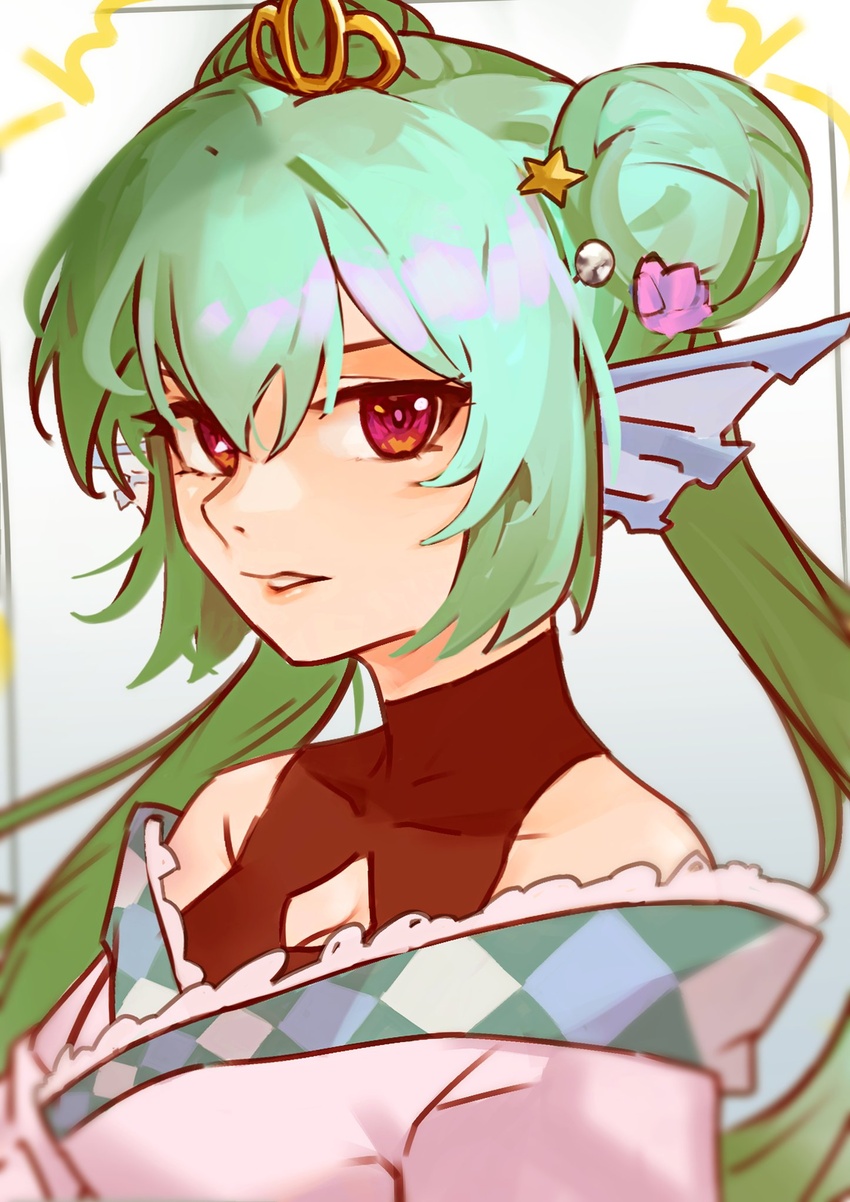 animal_ears bare_shoulders breasts cleavage cleavage_cutout clothing_cutout diadem double_bun female finana_ryugu finana_ryugu_(2nd_costume) fins fish_girl green_hair hair_bun head_fins highres japanese_clothes kimono looking_at_viewer nijisanji nijisanji_en parted_lips red_eyes small_breasts solo twintails upper_body vergil_mon virtual_youtuber