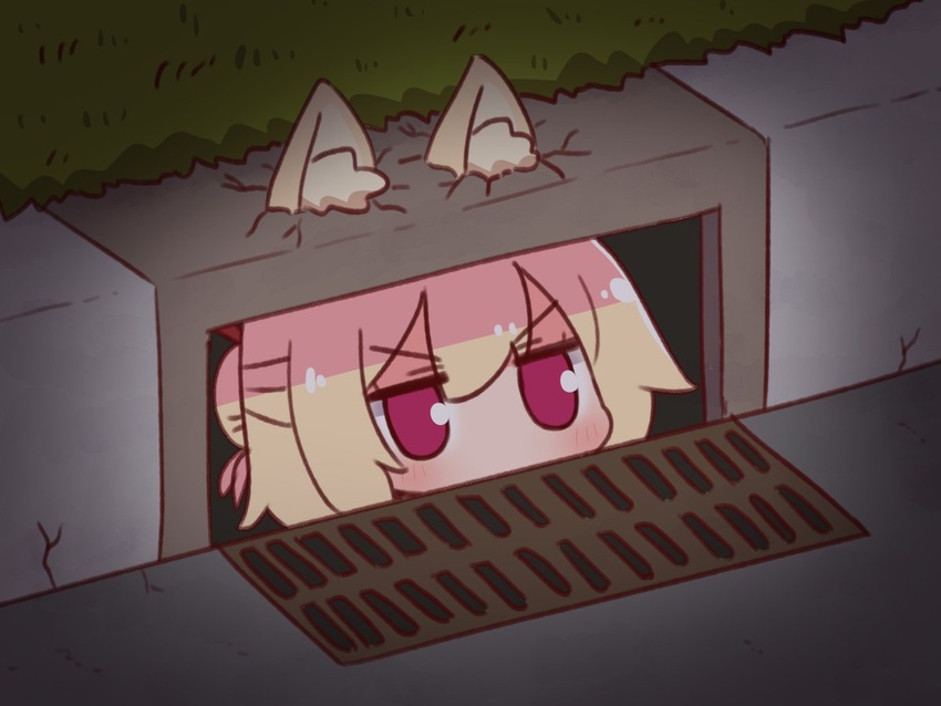 animal_ear_fluff animal_ears blonde_hair blush crack female fox_ears grass grate hair_between_eyes hair_bun it_(stephen_king) kemomimi-chan_(naga_u) meme naga_u original outdoors pennywise_in_the_sewer_(meme) purple_eyes sewer_grate single_hair_bun solo storm_drain v-shaped_eyebrows