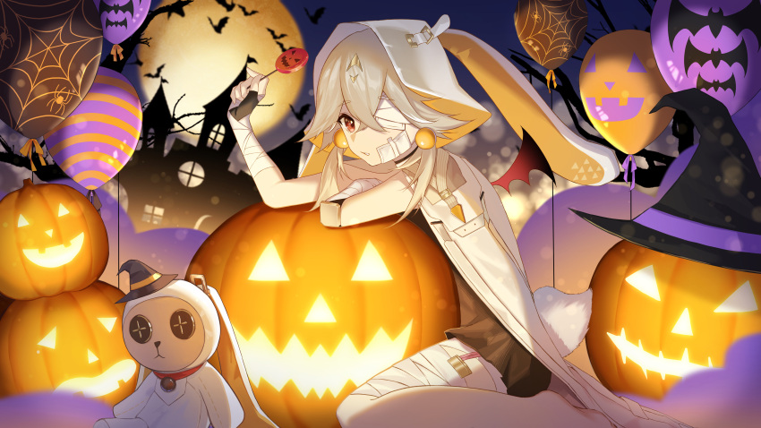 absurdres bad_id bad_pixiv_id bandage_over_one_eye brown_hair candy crossed_bangs female food full_moon halloween hand_up hat highres holding holding_candy holding_food holding_lollipop hood hood_up kawausoman lollipop looking_at_viewer moon red_eyes ruby_(tower_of_fantasy) short_hair solo tower_of_fantasy unworn_hat unworn_headwear witch_hat