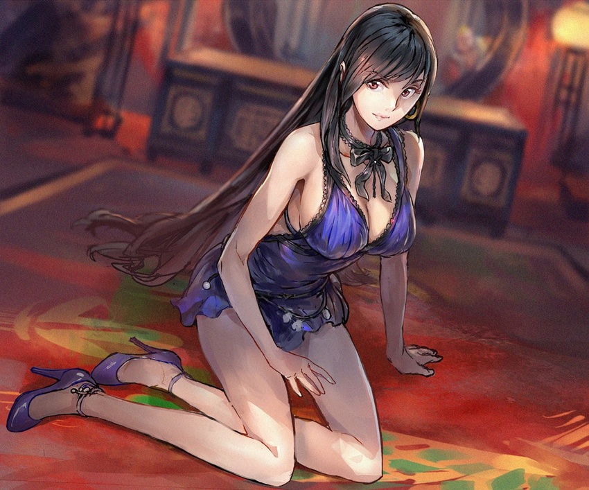 bad_id bad_twitter_id bare_arms bare_legs black_bow black_bowtie black_hair bow bowtie breasts cleavage crescent crescent_earrings don_corneo dress earrings female final_fantasy final_fantasy_vii final_fantasy_vii_remake fingernails floor full_body high_heels jewelry large_breasts legs long_hair long_legs looking_at_viewer mirror no_bra official_alternate_costume official_art on_floor pink_lips purple_dress purple_footwear red_eyes sitting solo takahito thighs tifa_lockhart tifa_lockhart_(refined_dress)