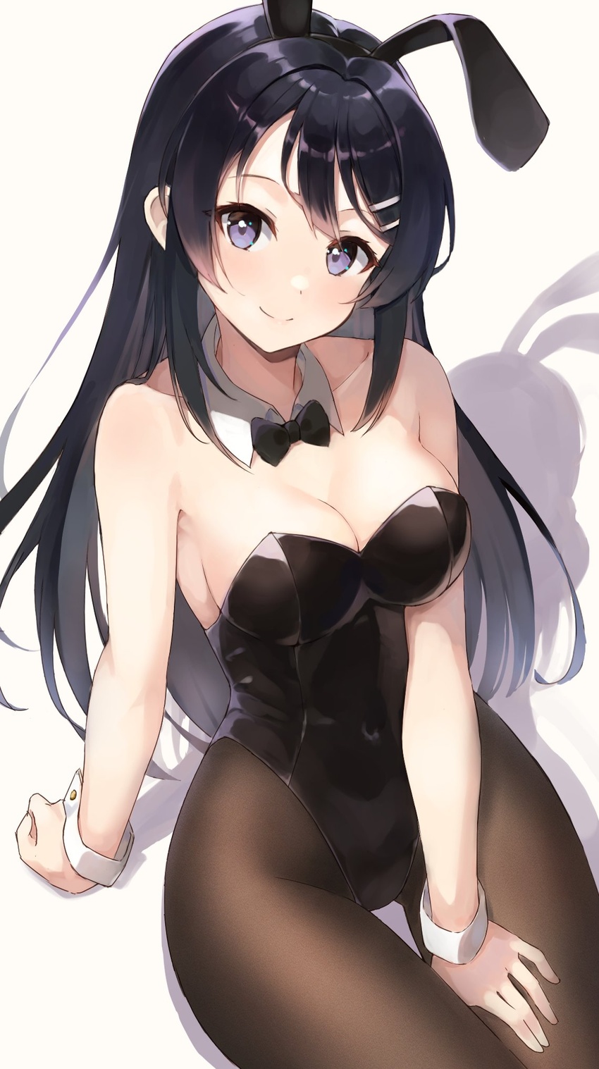 .com_(bot_com1) animal_ears armpit_crease armpits bare_shoulders black_bow black_bowtie black_hair black_leotard black_pantyhose blue_eyes blush bow bowtie breasts cleavage detached_collar female hair_between_eyes hair_ornament hairclip highres leotard long_hair looking_at_viewer medium_breasts on_floor pantyhose playboy_bunny rabbit_ears sakurajima_mai seishun_buta_yarou shadow simple_background sitting smile strapless strapless_leotard thick_thighs thighs white_background wrist_cuffs