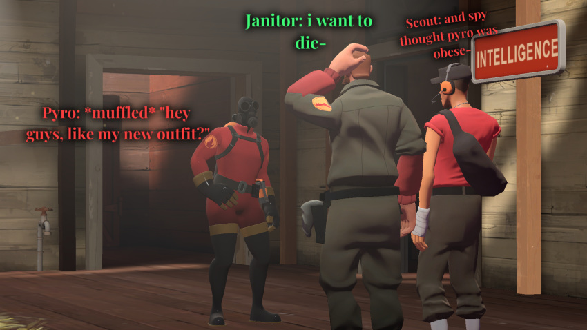 3boys american_male bulge_through_clothing funny gas_mask girly_boy hand_on_hip irish_male male_only mercenary mexican_male pctoaster processing pyro_(team_fortress_2) scout_(team_fortress_2) sfm shocked_look source_filmmaker team_fortress_2 the_janitor_(team_fortress_2)