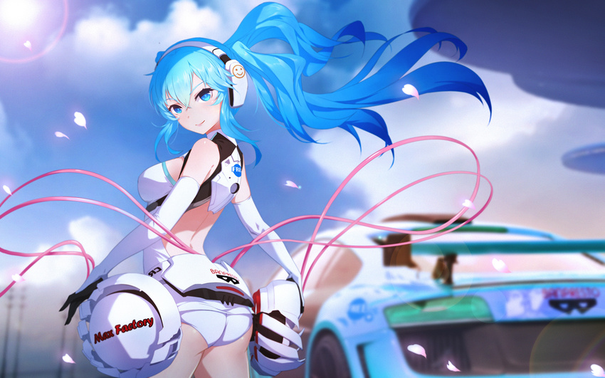 aqua_eyes aqua_hair ass audi audi_r8 blurry breasts car cherry_blossoms chinese_commentary cloud cloudy_sky commentary_request cowboy_shot day depth_of_field elbow_gloves female gloves goodsmile_company goodsmile_racing hatsune_miku headphones headset highres long_hair looking_at_viewer looking_back max_factory medium_breasts motor_vehicle partial_commentary photoshop_(medium) race_queen racing_miku racing_miku_(2014) sky smile solo sun thighhighs twintails very_long_hair vocaloid yijian_ma