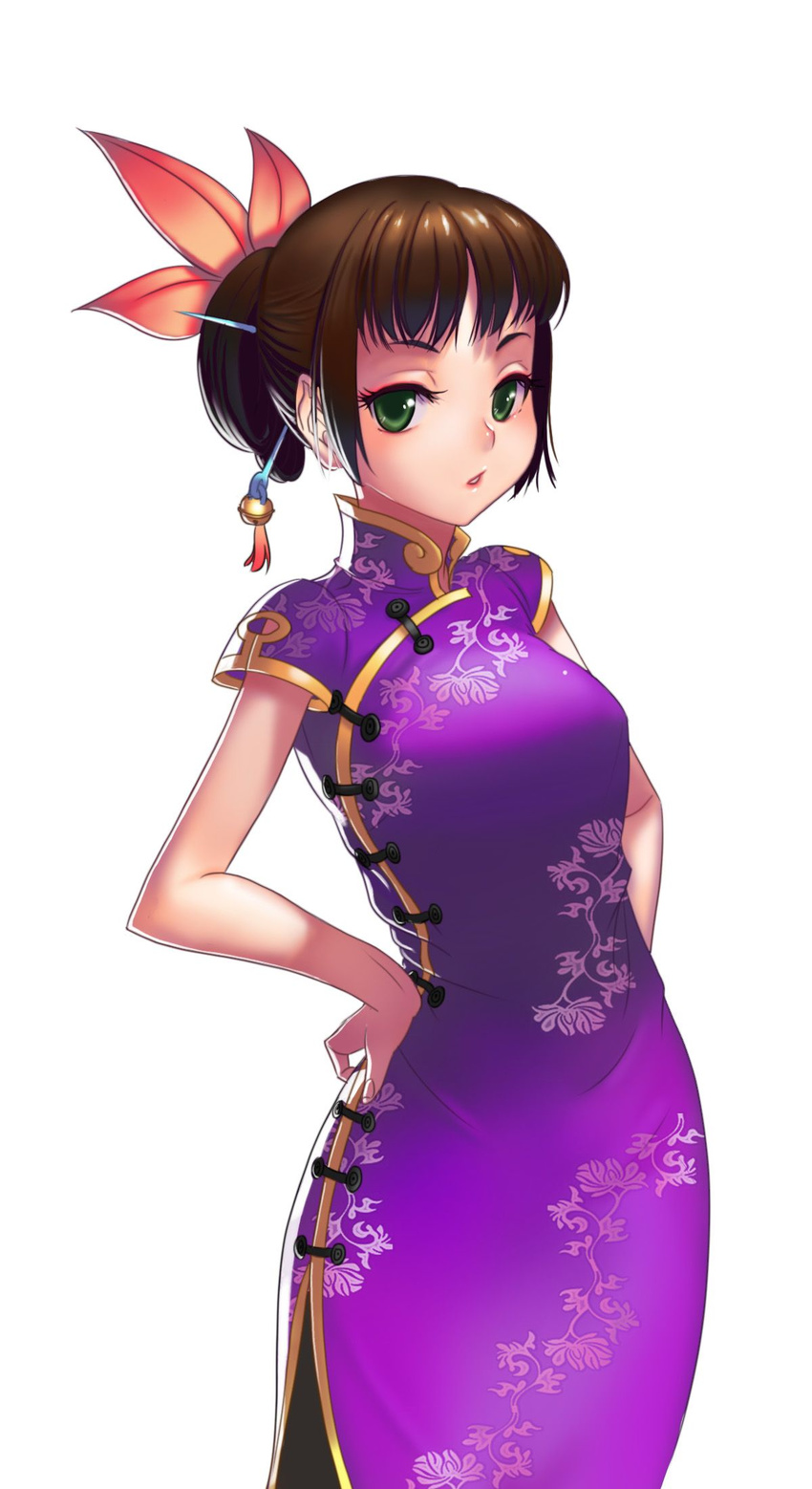 artist_request black_pantyhose brown_hair china_dress chinese_clothes dress female green_eyes hair_bun highres janryuumon meiling_(janryuumon) pantyhose parted_lips photoshop_(medium) purple_dress short_hair short_sleeves simple_background single_hair_bun solo white_background