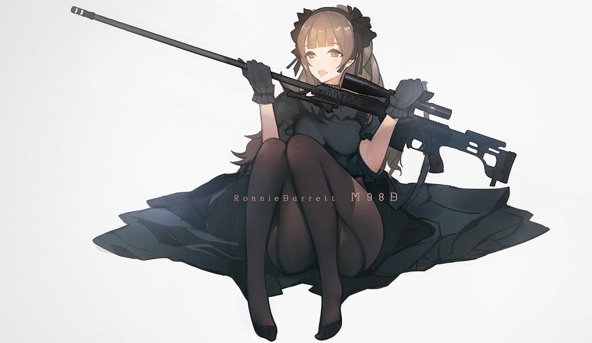 barrett_m98b black_dress black_gloves black_pantyhose blunt_bangs brown_eyes brown_hair commentary_request dress female frills full_body gloves gun hairband highres holding holding_gun holding_weapon legs leupold_optics lisa_(kimiko2016) long_hair looking_at_viewer open_mouth original pantyhose rifle scope sidelocks sitting smile sniper_rifle solo thighs tongue tongue_out weapon