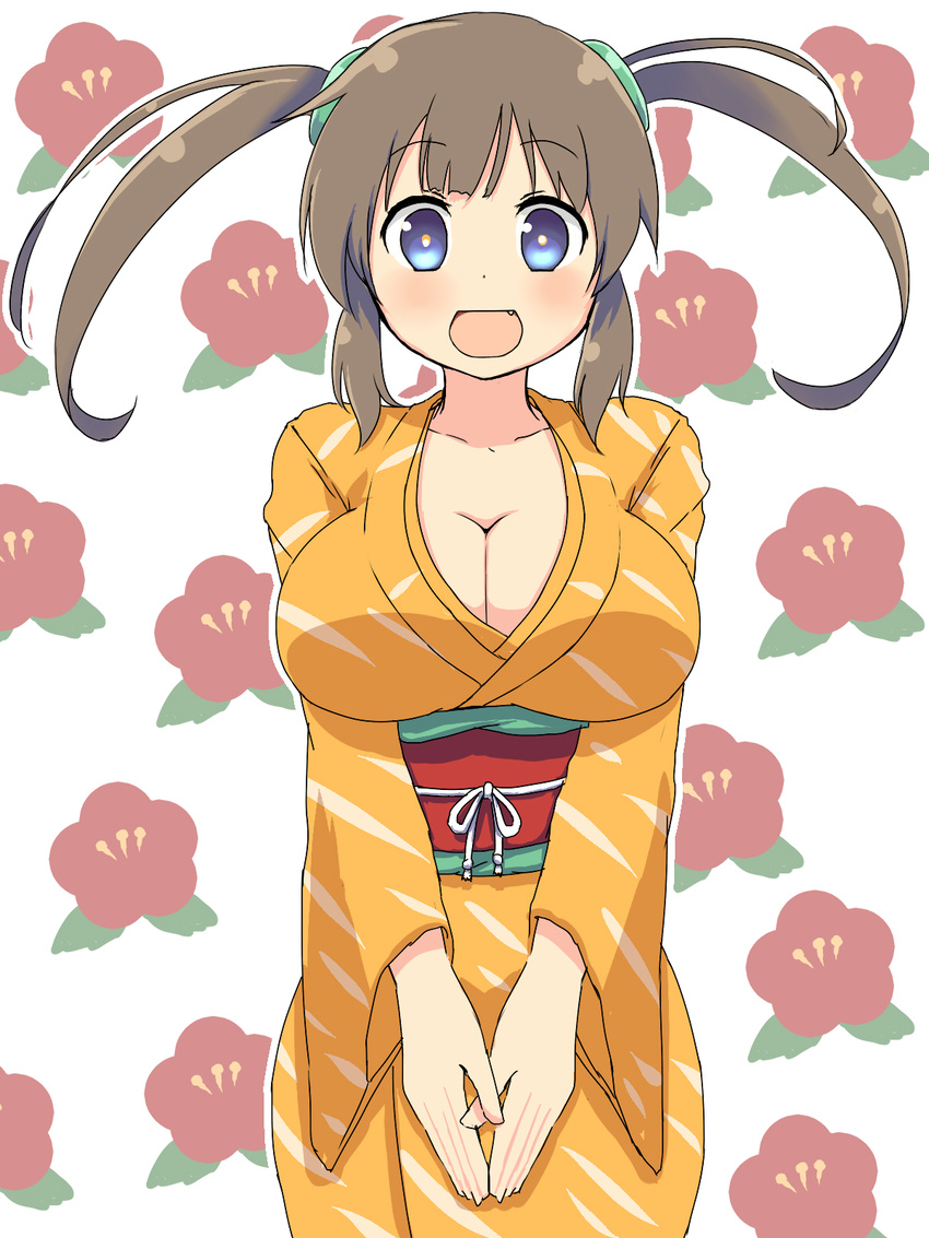 belt blue_eyes breasts brown_hair cleavage female female highres japanese_clothes ktkn large_breasts long_hair long_twintails looking_at_viewer minori_(senran_kagura) open_mouth senran_kagura senran_kagura_(series) simple_background solo standing twintails yukata