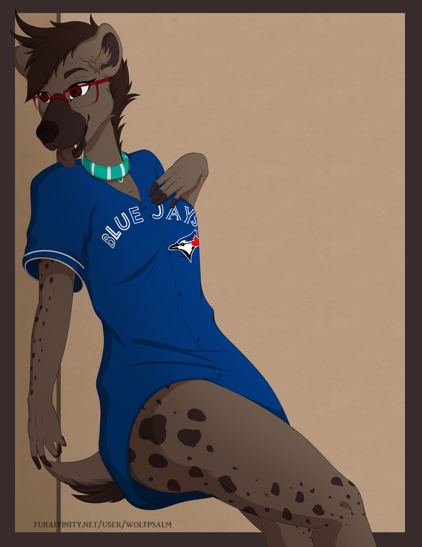 absurd_res anthro bottomless clothed clothing collar english_text eyewear female glasses hi_res hyena inner_ear_fluff jersey mammal mlb shirt solo spotted_hyena text text_on_clothing text_on_shirt text_on_topwear tongue tongue_out topwear toronto_blue_jays tuft wolfpsalm