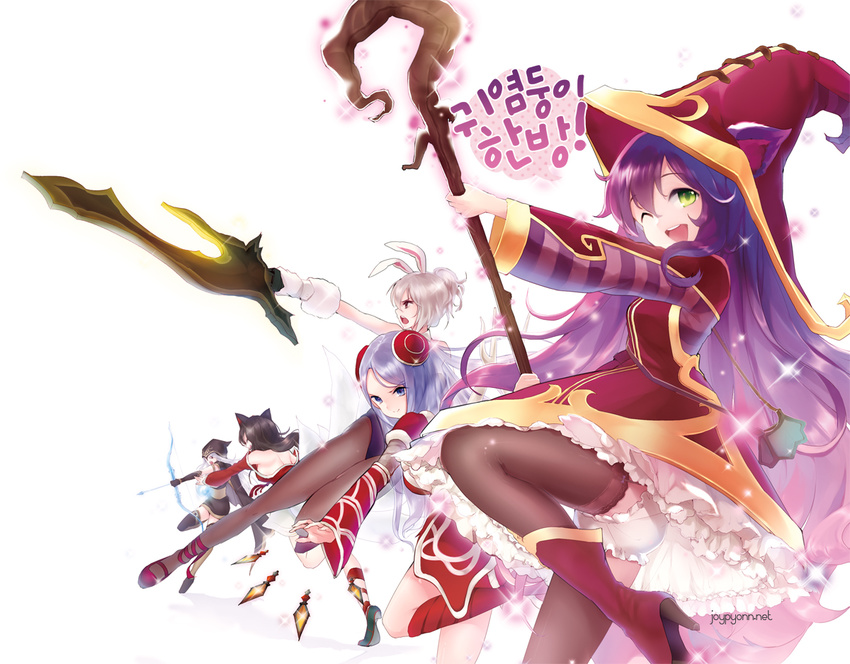 5girls :d ahri_(league_of_legends) animal_ears arrow_(projectile) ashe_(league_of_legends) bad_id bad_pixiv_id bag bare_shoulders blade bloomers blue_eyes boots bow_(weapon) brown_hair cape detached_sleeves dress ears_through_headwear elune_(artist) fox_ears fox_tail frilled_dress frills green_eyes grey_hair hair_ornament handbag hat high_heels hood irelia joypyonn korean_text league_of_legends long_hair lulu_(league_of_legends) multiple_girls multiple_tails one_eye_closed open_mouth panties pantyhose pantyshot photoshop_(medium) playboy_bunny purple_hair rabbit_ears riven_(league_of_legends) shoes short_hair simple_background skirt smile sparkle staff tail thighhighs translated underwear weapon white_background witch_hat