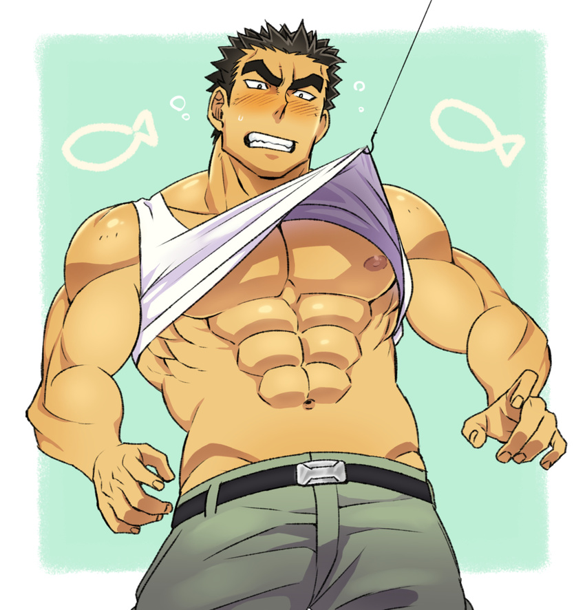 1boy abs belt black_hair fishhook gundam male_focus msucle muscle pecs solo