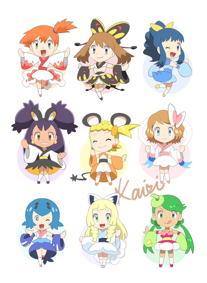 6+girls :d :p ^_^ alolan_vulpix alolan_vulpix_(cosplay) archived_source beautifly beautifly_(cosplay) blonde_hair blue_eyes blue_hair bonnie_(pokemon) braid brown_eyes brown_hair chibi closed_eyes cosplay dark-skinned_female dark_skin dawn_(pokemon) dedenne dedenne_(cosplay) earrings emolga emolga_(cosplay) goldeen goldeen_(cosplay) green_eyes green_hair grin happy highres iris_(pokemon) jewelry kairi_(ayuara) kasumi_(pokemon) lana_(pokemon) lillie_(pokemon) long_hair long_sleeves looking_at_viewer mallow_(pokemon) may_(pokemon) multiple_girls one_eye_closed open_mouth orange_hair piplup piplup_(cosplay) pokemon pokemon_(anime) pokemon_ears pokemon_sm_(anime) pokemon_tail ponytail popplio popplio_(cosplay) purple_hair serena_(pokemon) short_hair side_ponytail signature simple_background smile steenee steenee_(cosplay) sylveon sylveon_(cosplay) tail tongue tongue_out twin_braids twintails white_background wide_sleeves