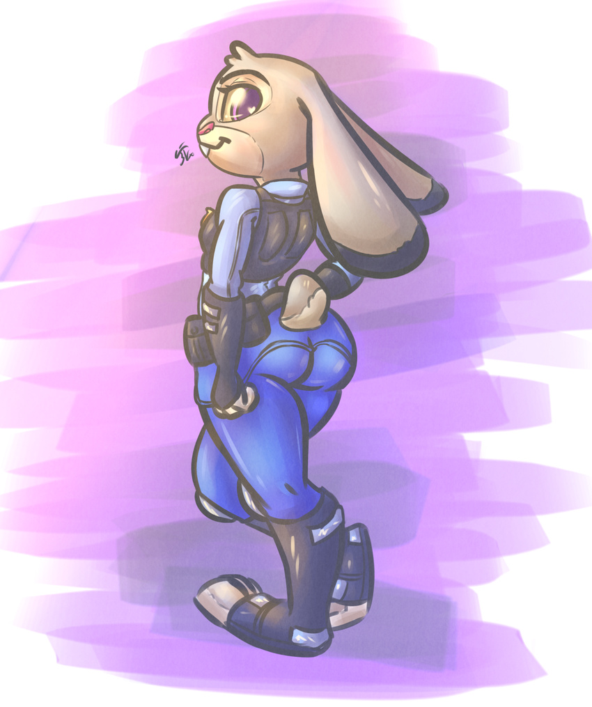 2016 abstract_background anthro ass buckteeth butt_pose clothed clothing disney female fur grey_body grey_fur hand_on_hip heart_symbol hi_res judy_hopps lagomorph leadhooves leporid long_ears looking_at_viewer looking_back mammal police police_uniform pose rabbit rear_view smile solo teeth uniform zootopia