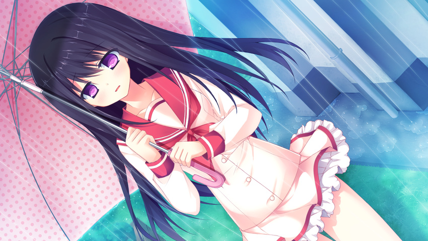 black_hair flat game_cg hikoukigumo_no_mukougawa long_hair purinko purple_eyes rain satou_risa seifuku umbrella water