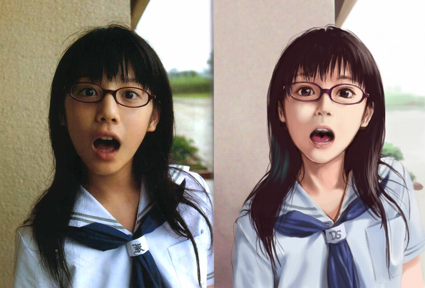 comparison derivative_work glasses open_mouth photo realistic reference_photo reference_photo_inset reference_work school_uniform