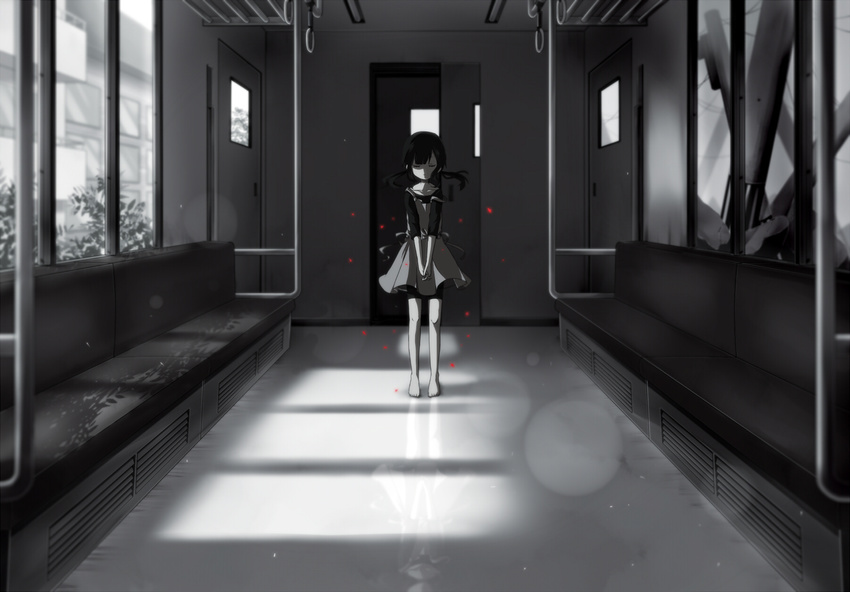 asahina_hiyori bad_id bad_pixiv_id barefoot black_hair closed_eyes female highres kagerou_project long_hair monochrome reflection solo spot_color tonari_(z7x8c9) train_interior twintails