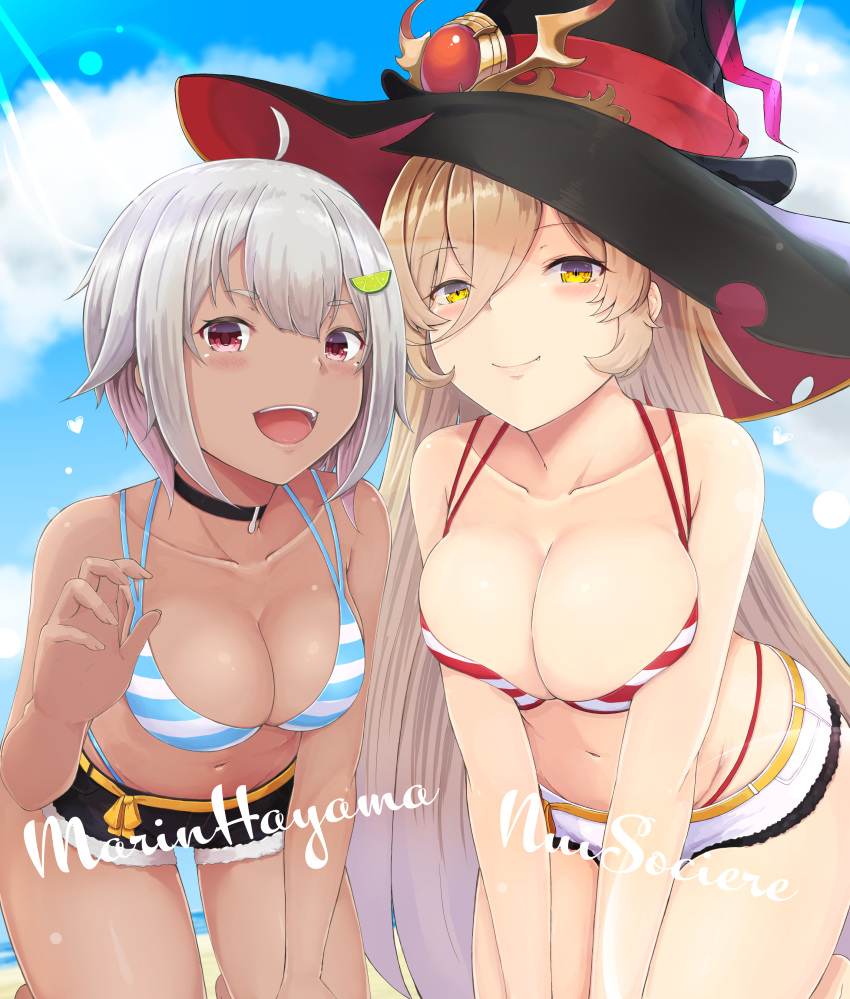 2girls absurdres ahoge beach bikini black_shorts blonde_hair blue_bikini blue_sky blush breasts cleavage closed_mouth collarbone commentary cowboy_shot dark-skinned_female dark_skin day fang_out food-themed_hair_ornament grey_hair hair_between_eyes hair_ornament hat hayama_marin highres kneeling large_breasts leaning_forward lime_hair_ornament lips long_hair looking_at_viewer majomarity_(nijisanji) multiple_girls navel nijisanji nui_sociere oerba_yun_fang open_mouth outdoors purple_eyes red_bikini shorts sky smile striped_bikini striped_clothes sunlight swimsuit temari_rin very_long_hair virtual_youtuber white_shorts witch_hat