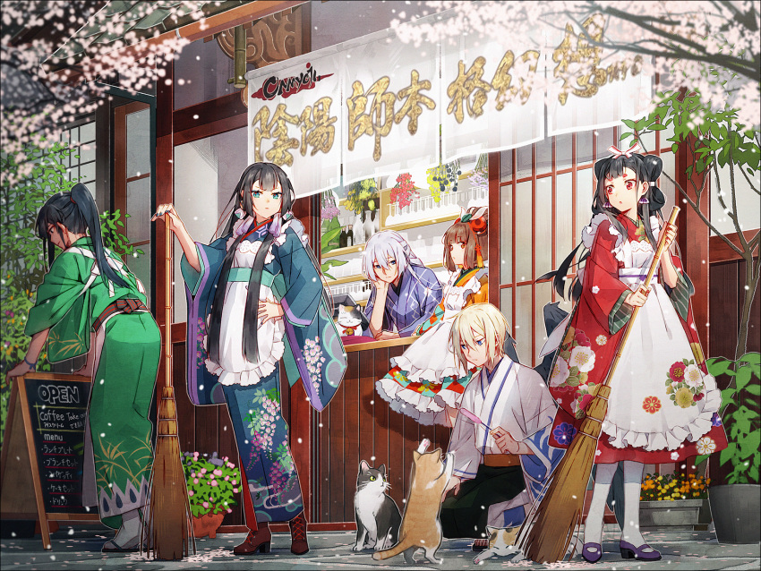 3boys 3girls :o animal apron arm_support bamboo_broom bell black_hair blonde_hair blue_eyes blue_kimono boots broom brown_eyes brown_footwear brown_hair building cat_teaser closed_mouth commentary_request copyright_name cross-laced_footwear enenra_(onmyoji) feline fingernails floral_print floral_print_apron flower frilled_apron frills green_eyes green_kimono grey_hair hair_between_eyes hair_ornament hakusai_(tiahszld) head_rest high_heel_boots high_heels holding holding_broom japanese_clothes jingle_bell kachou_fuugetsu_(onmyoji) kimono kisei_(onmyoji) lace-up_boots light_brown_hair long_hair long_sleeves mannendake_(onmyoji) mizura multiple_boys multiple_girls mushishi_(onmyoji) nail_polish obi official_art onmyoji ootengu_(onmyoji) orange_kimono parted_lips petals photoshop_(medium) pink_flower ponytail print_apron print_kimono profile purple_flower purple_footwear red_eyes red_flower red_kimono red_nails sash shoes sign squatting standing tabi tasuki translation_request v-shaped_eyebrows very_long_hair white_apron white_kimono white_legwear wide_sleeves