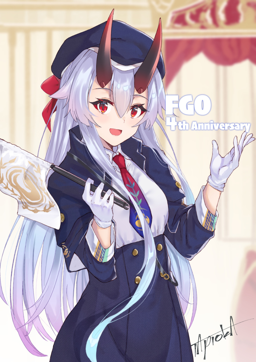 anniversary beret blue_capelet blue_hat blue_skirt blurry blurry_background bow breasts capelet commentary_request copyright_name depth_of_field fate/grand_order fate_(series) female flag gloves grey_hair hair_between_eyes hairbow hands_up hat high-waist_skirt highres holding holding_flag horns indoors long_hair long_sleeves oni oni_horns red_bow red_eyes shirt shoulder_strap sidelocks signature skirt small_breasts solo standing tapioka_(oekakitapioka) tomoe_gozen_(fate) tomoe_gozen_(festival_outfit)_(fate) very_long_hair white_gloves white_shirt