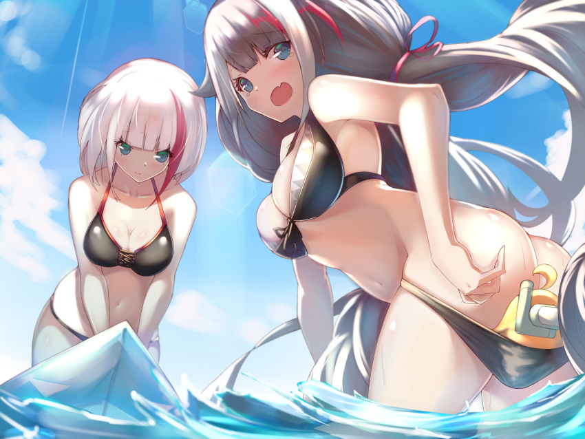 2girls admiral_graf_spee_(azur_lane) ass azur_lane bare_arms bare_shoulders beach bikini bikini_pull black_bikini black_hair blue_eyes blue_sky blunt_bangs blush breasts cleavage closed_mouth clothes_pull cloud collarbone commentary day deutschland_(azur_lane) deutschland_(service_time?!)_(azur_lane) embarrassed front-tie_bikini_top front-tie_top highres karakushi light_smile long_hair looking_at_another looking_back manjuu_(azur_lane) medium_breasts midriff multicolored_hair multiple_girls navel ocean oerba_yun_fang official_alternate_costume open_mouth outdoors short_hair skin_fang sky snorkel streaked_hair surprised swimsuit tearing_up very_long_hair wading water white_hair