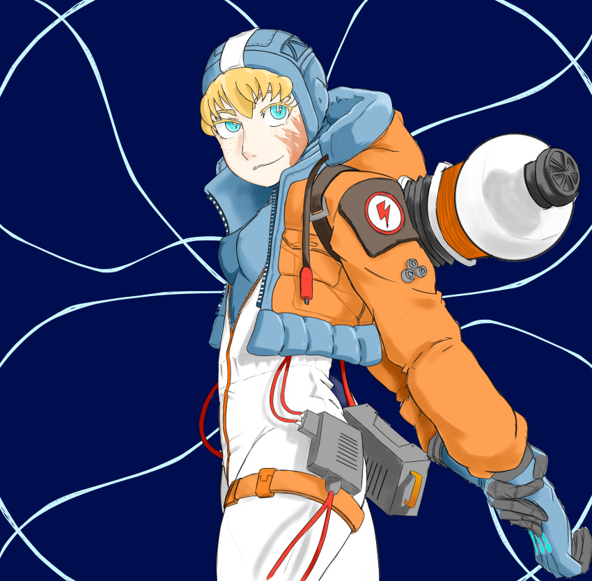 absurdres animification apex_legends arms_behind_back blonde_hair blue_eyes coat electricity female gloves highres indioweeaboo open_clothes open_coat scar self-upload symbol-shaped_pupils wattson_(apex_legends)