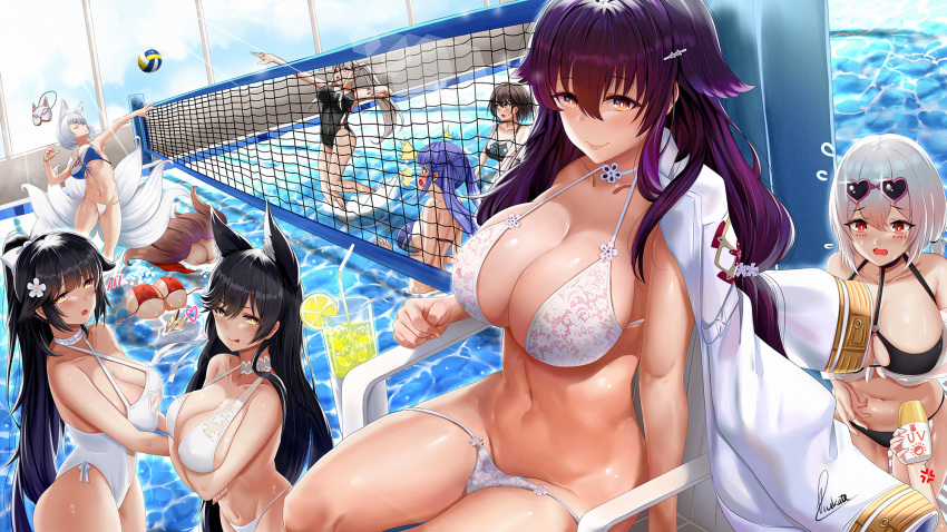 6+girls :o ahoge akagi_(azur_lane) alternate_costume anger_vein animal_ears arms_under_breasts ass atago_(azur_lane) atago_(summer_march)_(azur_lane) azuma_(azur_lane) azur_lane baltimore_(azur_lane) bikini bikini_pull black_bikini black_hair blue_eyes blue_hair blunt_bangs blush bottle bow braid breasts brown_eyes brown_hair casual_one-piece_swimsuit choker cleavage clothes_pull coat collarbone criss-cross_halter day enterprise_(azur_lane) essex_(azur_lane) extra_ears eyewear_on_head flower flying_sweatdrops fox_ears fox_tail groin hair_between_eyes hair_flower hair_ornament hairbow hairclip halterneck heart heart-shaped_eyewear highres holding holding_bottle jacket jacket_on_shoulders jumping kaga_(azur_lane) large_breasts licking_lips long_hair looking_at_viewer lotion low_twintails mask military_coat mole mole_under_eye multiple_girls multiple_tails navel o-ring o-ring_top official_alternate_costume one-piece_swimsuit open_mouth outdoors photoshop_(medium) piukute062 ponytail red_eyes ribbon scrunchie shiny_skin short_hair sidelocks signature sirius_(azur_lane) sirius_(scorching-hot_seirios)_(azur_lane) sitting skindentation smile splashing stomach sunglasses surprised swimsuit taihou_(azur_lane) tail takao_(azur_lane) takao_(beach_rhapsody)_(azur_lane) tongue tongue_out twintails very_long_hair volleyball volleyball_net wading water_volleyball wet white_bikini white_bow white_choker white_coat white_hair white_one-piece_swimsuit white_scrunchie wrist_scrunchie yellow_eyes