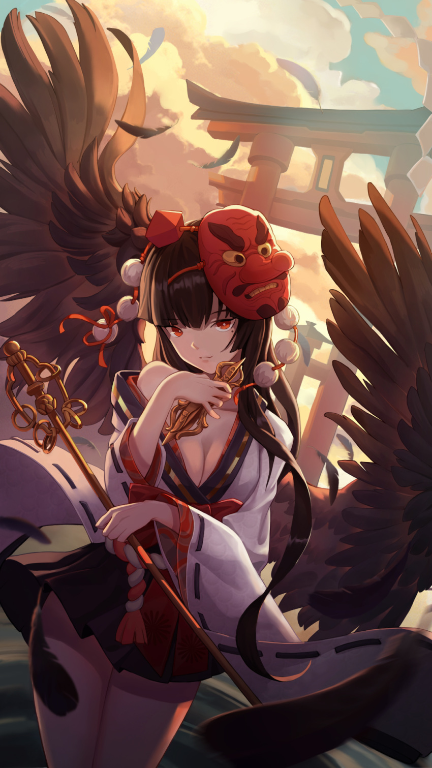 alternate_costume alternate_hair_length alternate_hairstyle bare_shoulders black_hair black_skirt black_wings blackcat_enjia blue_sky breasts cleavage cloud commentary_request cowboy_shot day feathered_wings feathers female hand_up hat highres holding japanese_clothes kimono kourindou_tengu_costume long_hair long_sleeves looking_at_viewer mask mask_on_head medium_breasts miniskirt mole mole_under_eye off_shoulder photoshop_(medium) pleated_skirt pom_pom_(clothes) red_eyes ribbon-trimmed_sleeves ribbon_trim shakujou shameimaru_aya skirt sky solo staff standing tassel tengu_mask thighs tokin_hat torii touhou vajra_(object) very_long_hair white_kimono wide_sleeves wings