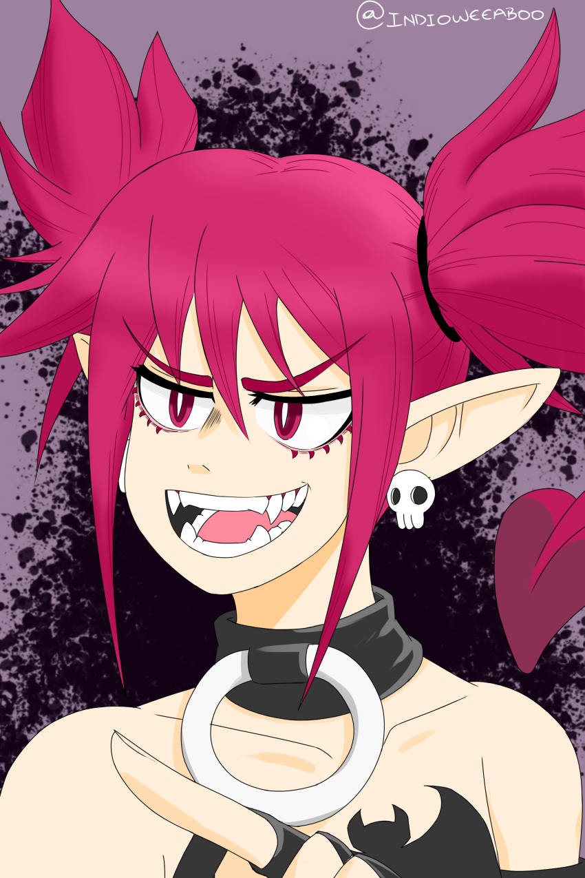 absurdres bare_shoulders collar collarbone demon_girl demon_tail disgaea earrings etna_(disgaea) female highres indioweeaboo jewelry makai_senki_disgaea open_mouth pointing pointy_ears red_eyes red_hair self-upload sharp_teeth smile tail teeth twintails