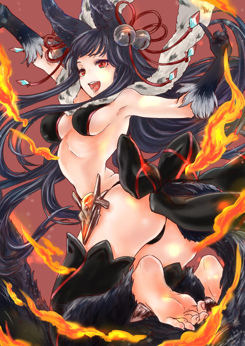 animal_ears armpits ass barefoot bell bikini black_bikini black_gloves black_hair black_thighhighs breasts commentary_request erune feet female fire foot_focus fox_ears fox_shadow_puppet fox_tail fur_trim gloves granblue_fantasy hair_ribbon highres long_hair medium_breasts midriff miwayama open_mouth red_background red_eyes ribbon sideboob simple_background soles solo swimsuit tail thighhighs yuel_(granblue_fantasy)