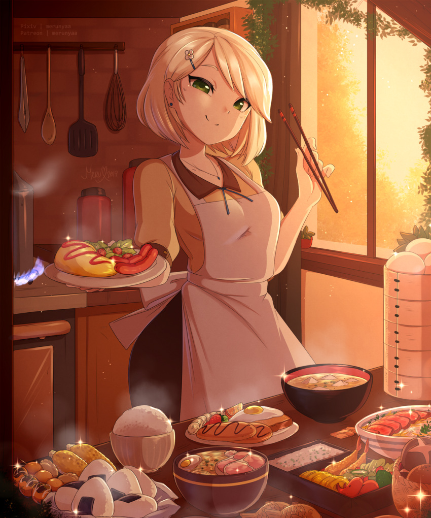 2019 apron artist_name bad_id bad_pixiv_id bamboo_steamer basket bento blonde_hair borrowed_character bowl bread bread_slice breasts checkerboard_cookie chopsticks commentary cookie dango earrings egg_(food) english_commentary female food food_art fried_egg fried_egg_on_toast green_eyes hair_ornament hairclip head_tilt highres indoors jewelry kitchen looking_at_viewer merunyaa miso_soup necklace noodles omelet omurice onigiri original patreon_username pixiv_username plate puffy_sleeves ramen rice sammy_(bestsammy) sausage short_hair shrimp shrimp_tempura signature smile solo sparkle spatula spoon steam stove taiyaki tako-san_wiener tempura toast wagashi watermark whisk white_apron window