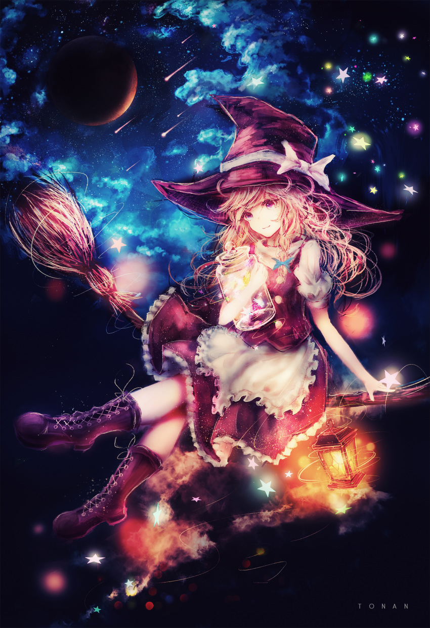 boots broom brown_eyes brown_hair female hat highres kirisame_marisa long_hair thigh_boots thighhighs tonan_(l0l0l0l0l0l) touhou witch_hat