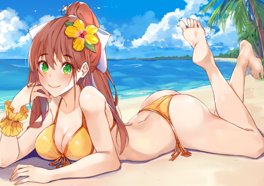 ass bare_legs bare_shoulders barefoot beach bikini blue_sky breasts cleavage cloud commentary day doki_doki_literature_club english_commentary feet feet_up female flower front-tie_bikini_top front-tie_top green_eyes hair_between_eyes hair_flower hair_ornament hair_ribbon long_hair looking_at_viewer lying medium_breasts monika_(doki_doki_literature_club) on_stomach outdoors palm_tree ponytail ribbon scrunchie side-tie_bikini_bottom sky smile soles solo swimsuit the_pose tree tucking_hair water white_ribbon wrist_scrunchie xhunzei yellow_bikini yellow_nails yellow_scrunchie