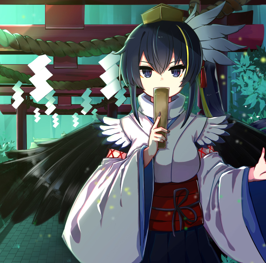 album_cover black_hair black_nails black_skirt black_wings blonde_hair blue_eyes breasts brown_hat commentary_request cover covered_mouth covering_own_mouth day feathered_wings female fingernails hand_up hat highres holding japanese_clothes kimono koga_rejini long_hair long_sleeves looking_at_viewer medium_breasts multicolored_hair multiple_torii nail_polish obi original outdoors pleated_skirt rope sash shimenawa side_ponytail sidelocks skirt slit_pupils solo streaked_hair tengu tokin_hat torii white_kimono wide_sleeves wings