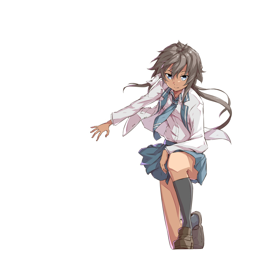 absurdres aqua_skirt black_socks blazer blue_eyes blue_necktie brown_footwear brown_hair closed_mouth commentary_request dark-skinned_female dark_skin female highres jacket kneehighs kohagura_natsume light_smile loafers long_hair long_sleeves low_ponytail necktie on_one_knee open_clothes open_jacket sakuria school_uniform shirt shoes simple_background skirt socks solo very_long_hair white_background white_shirt yuuki_yuuna_wa_yuusha_de_aru:_hanayui_no_kirameki yuusha_de_aru