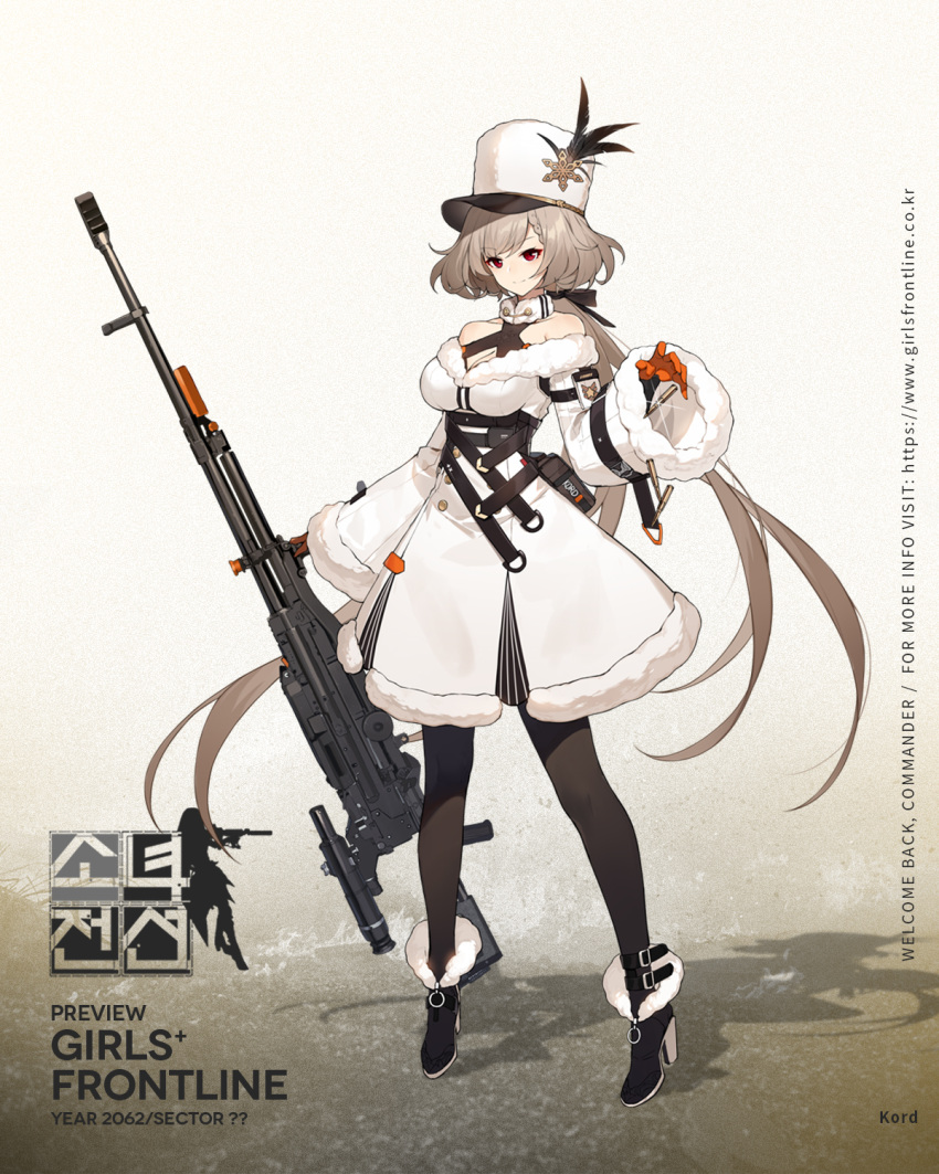 ankle_boots black_footwear black_pantyhose black_ribbon blush boots breasts bullet character_name cleavage closed_mouth collarbone dress dropping female full_body fur-trimmed_boots fur-trimmed_dress fur_collar fur_hat fur_trim girls'_frontline gloves gun hair_ribbon hat hat_feather high_heel_boots high_heels highres holding holding_gun holding_weapon kord_(girls'_frontline) kord_6p50 large_breasts logo long_hair long_sleeves looking_at_viewer low_ponytail machine_gun military military_uniform multiple_straps off-shoulder_dress off_shoulder official_art orange_gloves pantyhose pouch promotional_art red_eyes ribbon shi-chen sidelocks smile solo standing underbust uniform very_long_hair watermark weapon white_dress