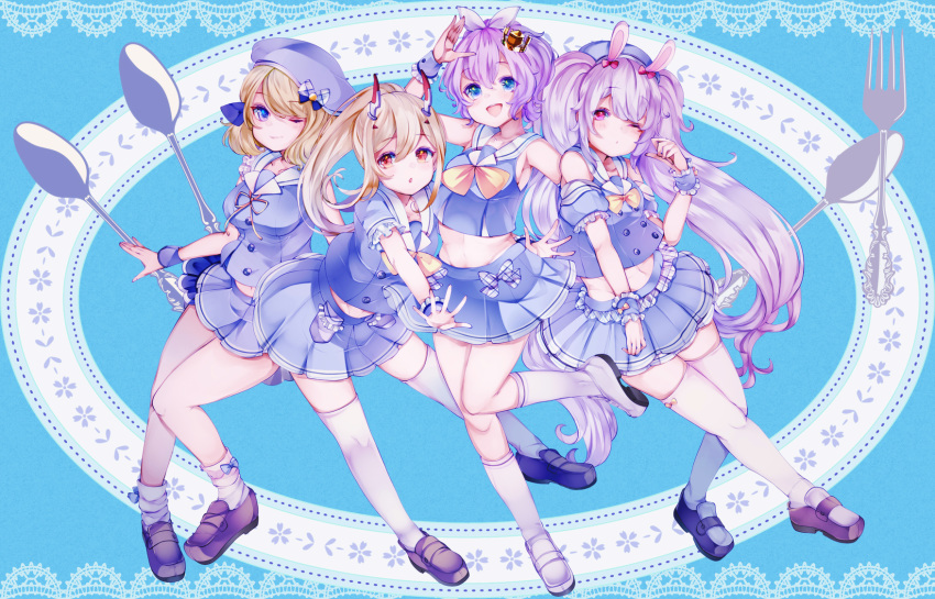 4girls animal_ears ayanami_(azur_lane) ayanami_(grade_a_sailor_uniform)_(azur_lane) azur_lane bad_id bad_pixiv_id bare_shoulders beret blonde_hair blue_dress blue_eyes blue_skirt breasts brown_footwear buttons closed_mouth commentary_request crown detached_sleeves double-breasted dress fork full_body hair_between_eyes hair_ribbon hat highres javelin_(azur_lane) javelin_(let's_become_waitresses!)_(azur_lane) laffey_(azur_lane) laffey_(bunny_clerk?)_(azur_lane) loafers long_hair looking_at_viewer medium_breasts midriff_peek mini_crown multiple_girls official_alternate_costume one_eye_closed open_mouth pleated_skirt ponytail puffy_short_sleeves puffy_sleeves purple_hair rabbit_ears red_eyes ribbon sailor_collar shoes short_hair short_sleeves sidelocks skirt sleeveless small_breasts smile socks spoon standing thighhighs twintails very_long_hair waitress white_socks white_thighhighs wrist_cuffs yaekn z23_(azur_lane) z23_(perfect_smile?)_(azur_lane)