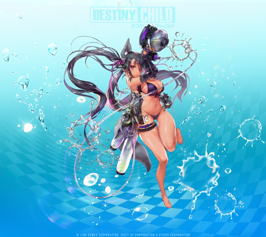 animal_ears annie_(destiny_child) arms_up artist_request ass_visible_through_thighs asymmetrical_bangs barefoot belt bikini black_hair blush braid breasts cleavage dark-skinned_female dark_skin destiny_child elbow_gloves explosive female fingerless_gloves floating_hair frilled_straps frills front-tie_bikini_top front-tie_top full_body furrowed_brow glint gloves grenade hair_ribbon highleg highleg_bikini highres holding holding_weapon large_breasts leg_up lips long_hair looking_at_viewer navel official_art parted_lips purple_bikini purple_eyes purple_gloves ribbon solo stomach string_bikini swimsuit tail thigh_gap thigh_strap thighs thong_bikini toes twintails very_long_hair water water_drop weapon wet