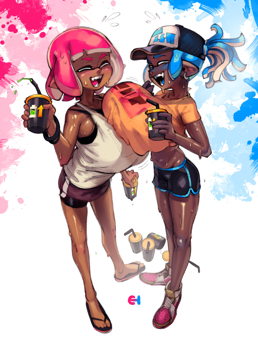 2girls alternate_breast_size bare_arms bare_legs bare_shoulders baseball_cap bendy_straw bike_shorts black_shorts blue_hair blunt_bangs breast_expansion breast_press breast_rest breasts closed_eyes commentary cup dark-skinned_female dark_skin disposable_cup drinking_straw dripping eigaka english_commentary fangs flip-flops hat highres holding huge_breasts inkling inkling_girl inkling_player_character legs multiple_girls open_mouth oppai_loli perspective pink_hair pointy_ears sandals shiny_skin shoes short_hair short_shorts short_sleeves shorts side_slit side_slit_shorts single_vertical_stripe sneakers splatoon_(series) standing tan