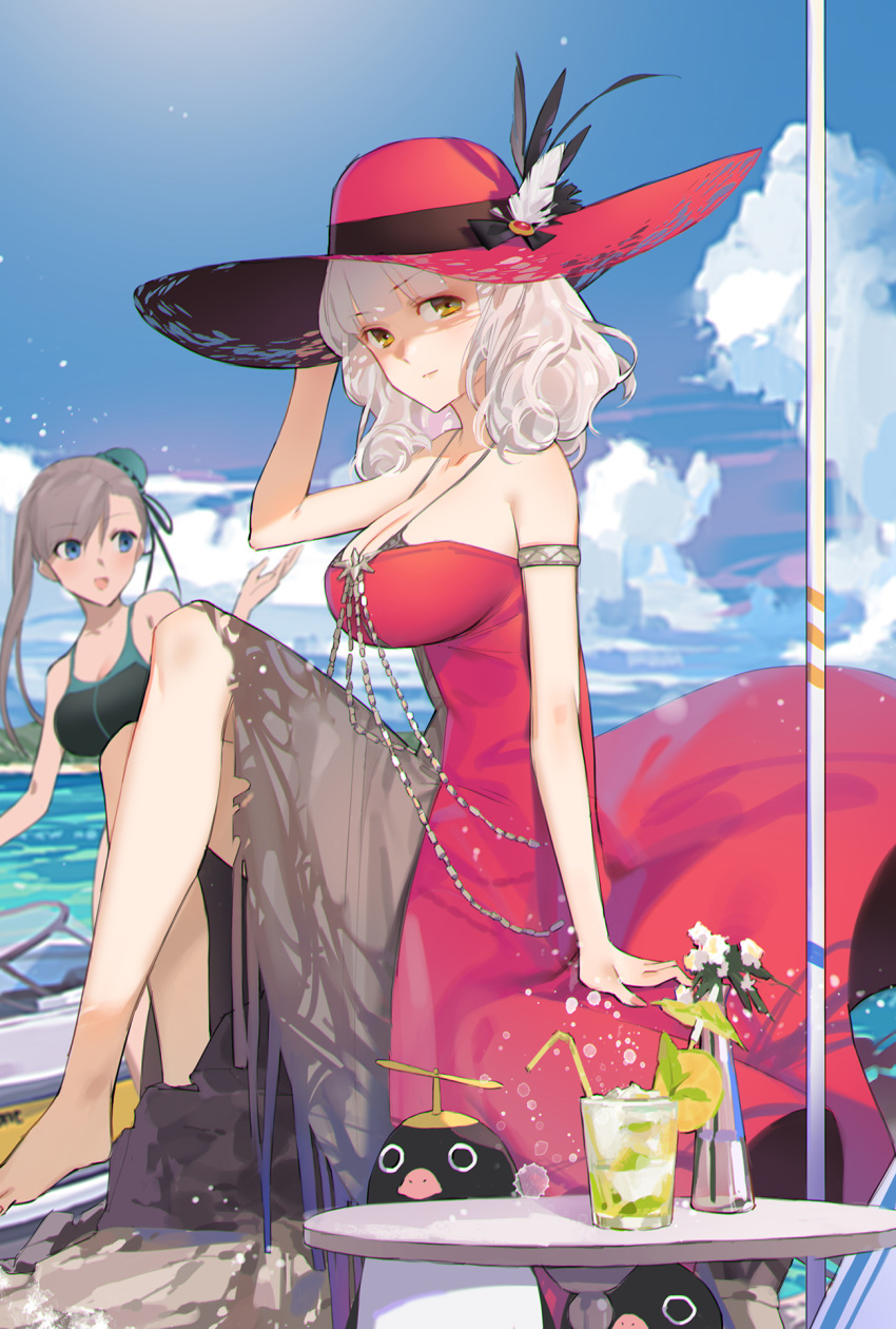 2girls alternate_costume asymmetrical_hair black_one-piece_swimsuit blue_eyes blue_sky breasts bun_cover carmilla_(fate) carmilla_(swimsuit_rider)_(fate) carmilla_(swimsuit_rider)_(first_ascension)_(fate) chinese_commentary commentary_request competition_swimsuit cup curly_hair day dress drinking_glass drinking_straw fate/grand_order fate_(series) hair_bun hat highres large_breasts long_hair miyamoto_musashi_(fate) miyamoto_musashi_(swimsuit_berserker)_(fate) miyamoto_musashi_(swimsuit_berserker)_(first_ascension)_(fate) multiple_girls neee-t one-piece_swimsuit outdoors partial_commentary photoshop_(medium) pink_hair red_dress red_headwear single_hair_bun sitting sky sleeveless sleeveless_dress sun_hat swimsuit white_hair yellow_eyes