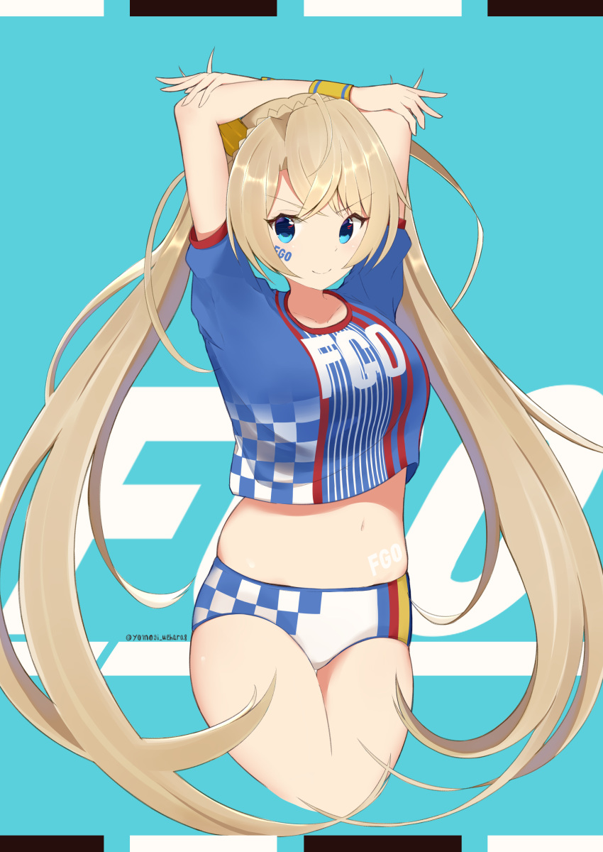 absurdres arms_behind_head arms_up bikini bikini_bottom_only blonde_hair blue_background blue_eyes blue_shirt blush body_writing bradamante_(fate) bradamante_(festival_outfit)_(fate) braid breasts checkered_clothes checkered_panties checkered_shirt closed_mouth clothes_writing copyright_name crown_braid fate/grand_order fate_(series) female hair_between_eyes highres large_breasts long_hair looking_at_viewer midriff navel panties shirt short_sleeves simple_background smile solo swimsuit thighs twintails underwear very_long_hair yomogi_uehara