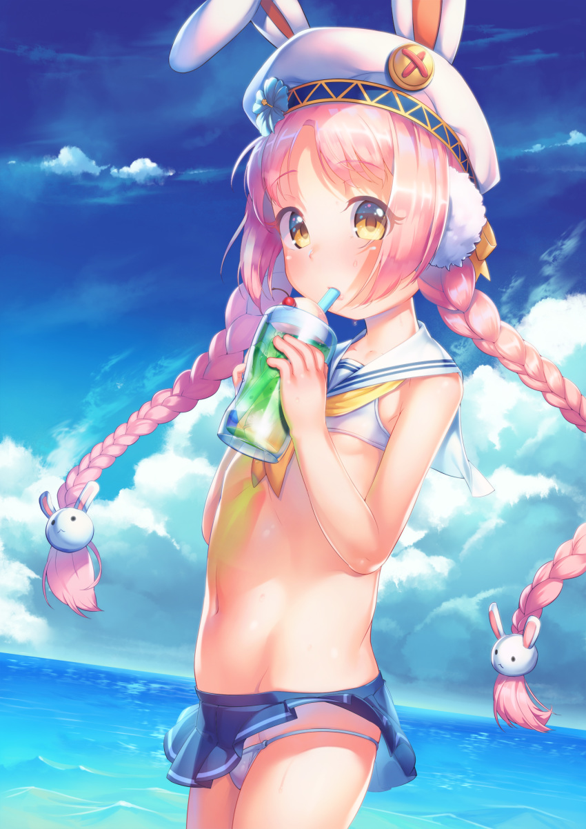 animal_ears animal_hat bad_id bad_pixiv_id bikini blue_hairband blue_skirt blush braid brown_eyes buttons cherry cloud cloudy_sky commentary_request cowboy_shot cup day donald_duck_sailor_hat drinking drinking_glass drinking_straw dutch_angle earmuffs fake_animal_ears female flat_chest flower food from_side fruit hair_flower hair_ornament hairband hat hat_flower hat_ornament highres horizon ice_cream ice_cream_float long_hair lowleg lowleg_bikini melon_soda microskirt mimi_(princess_connect!) miniskirt momoto0193 navel neckerchief ocean outdoors photoshop_(medium) pink_hair princess_connect! rabbit_ears rabbit_hair_ornament rabbit_hat sailor_collar skirt sky solo standing string_bikini swimsuit twin_braids twintails very_long_hair white_bikini white_headwear wind wind_lift yellow_eyes